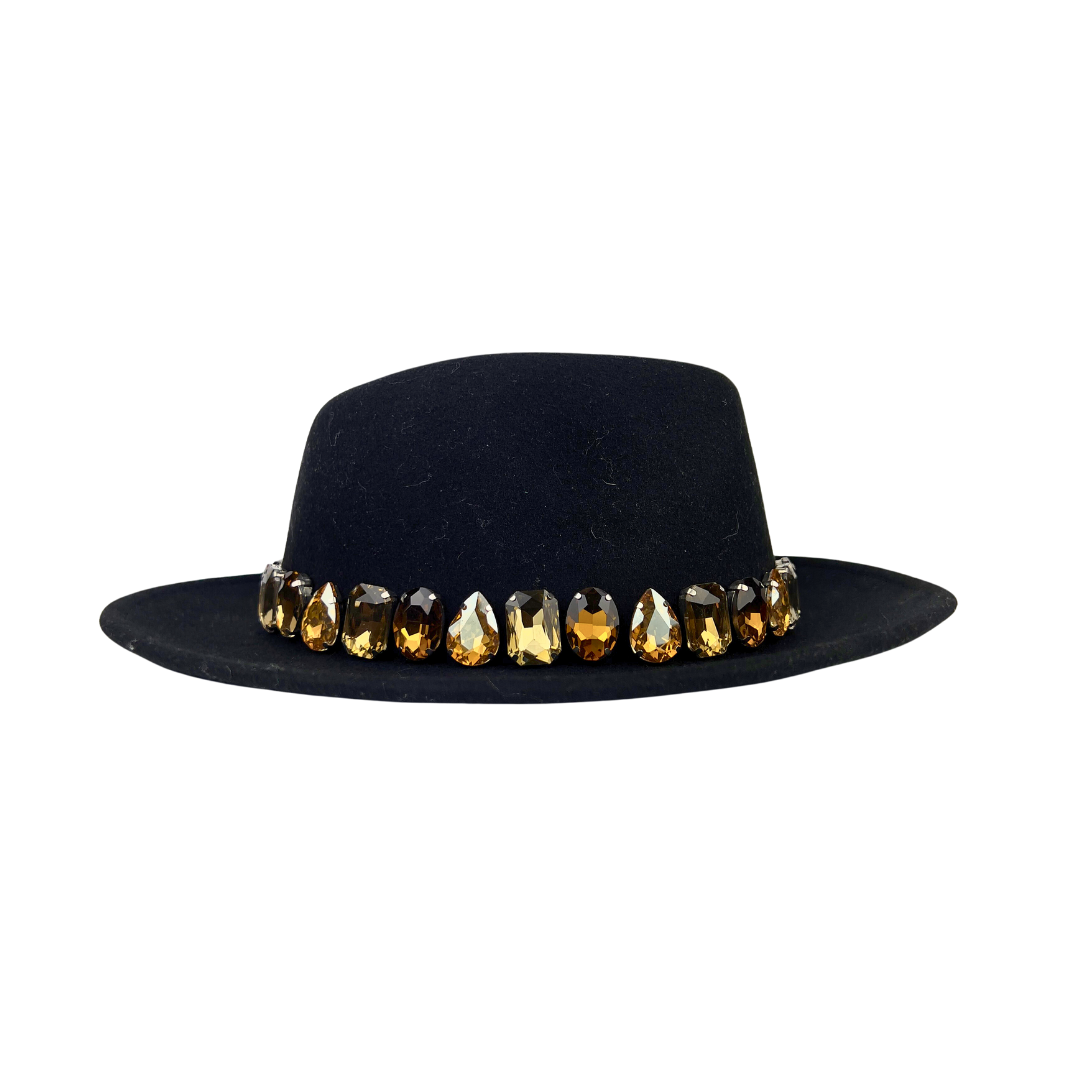 Black Felt Fedora with Bronze Jewels around the Crown