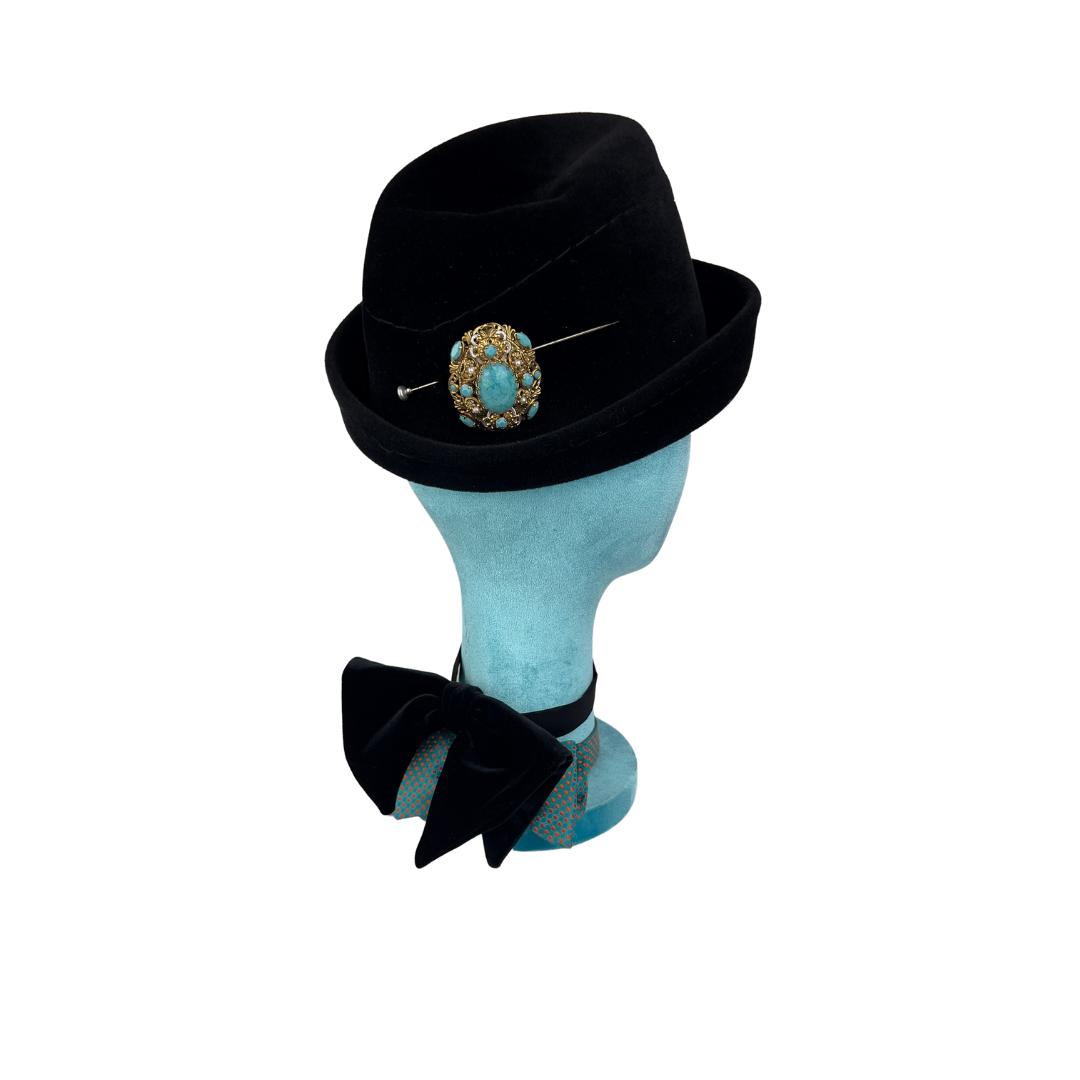 Vintage Black Wool Hat with Large Silver Pin
