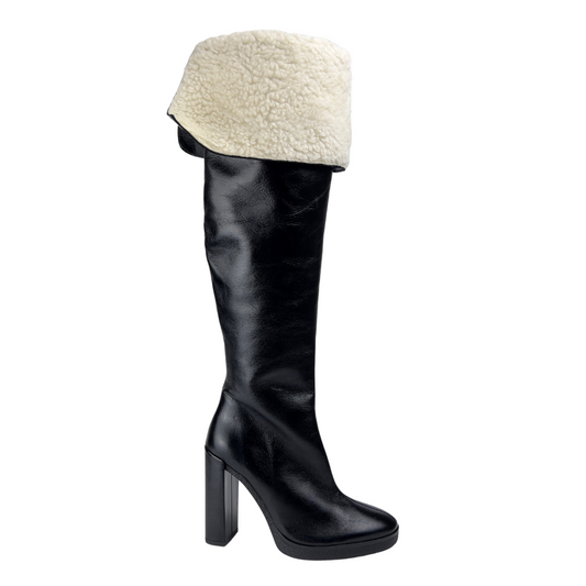 Black Leather Knee High Boot with Shearling