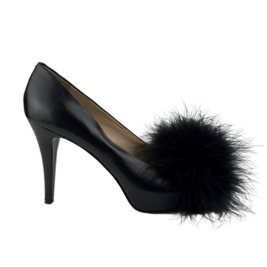 Black Leather Peep Toe Pump with Maribou