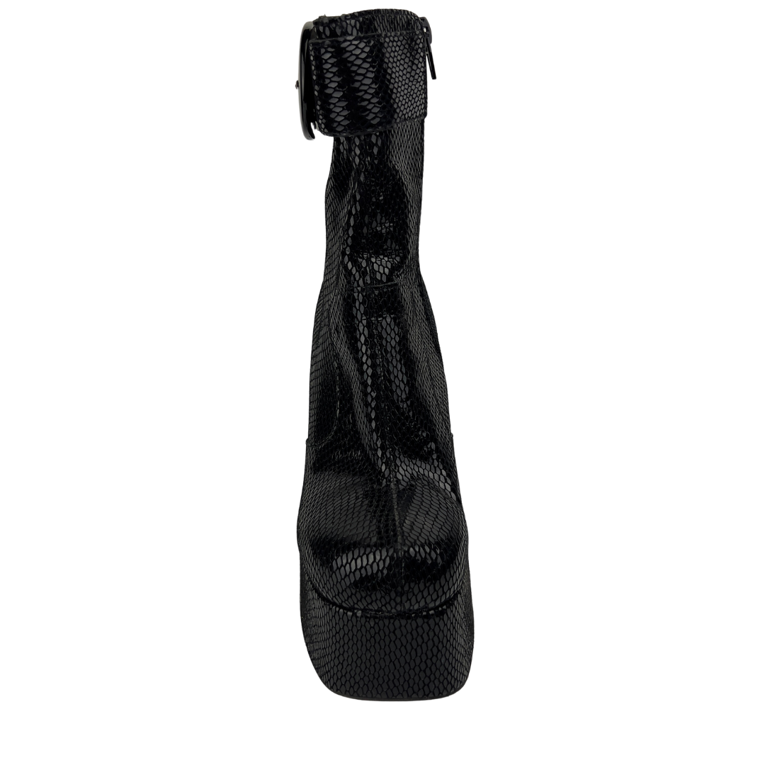 Black Shiny Platform Ankle Boot with Buckle