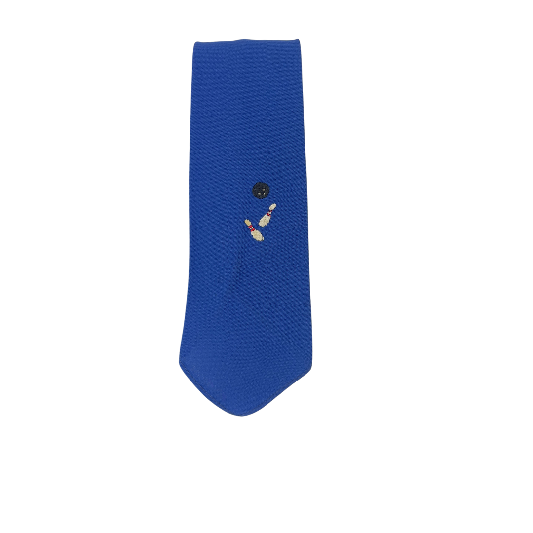 Blue Tie with Embroidered Bowler and Pins