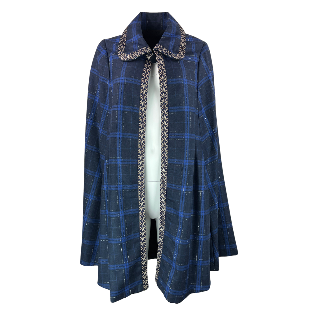 Blue and Navy Plaid Capelet with Trim