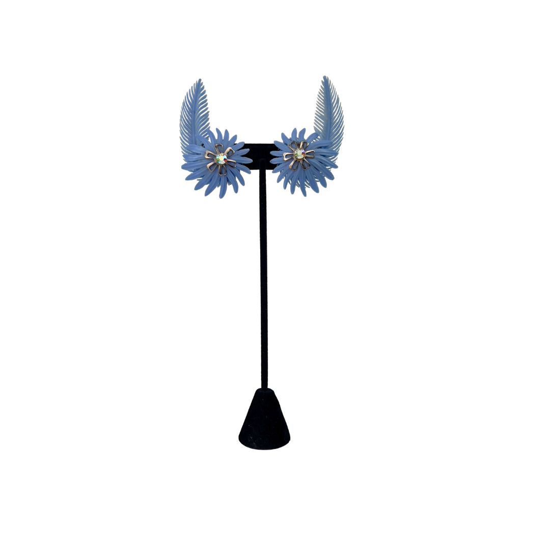 Vintage Blue Plastic Feather Climbing Earrings