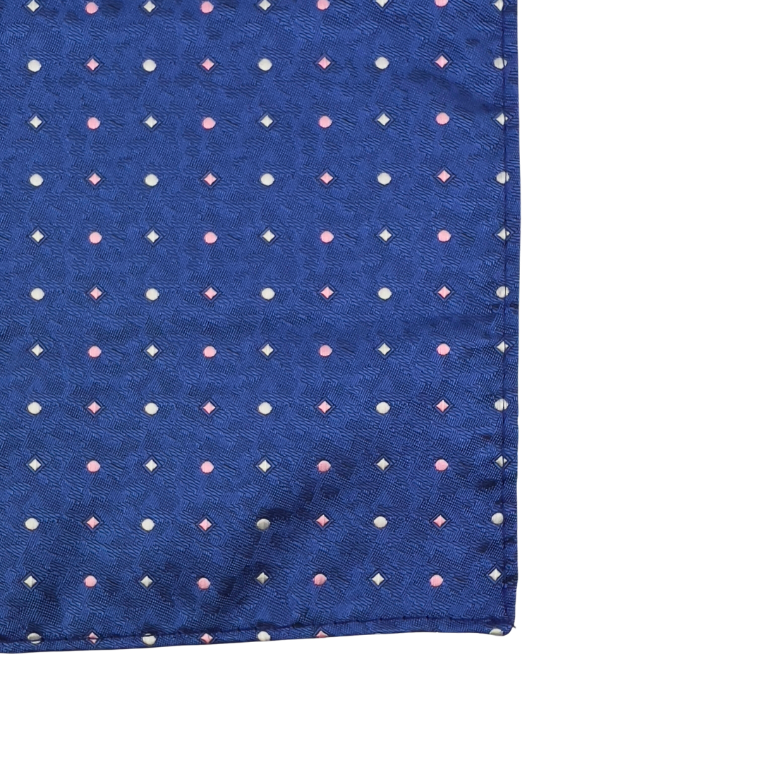 Blue Satin Pocket Square with Pink and White Stars and Circles