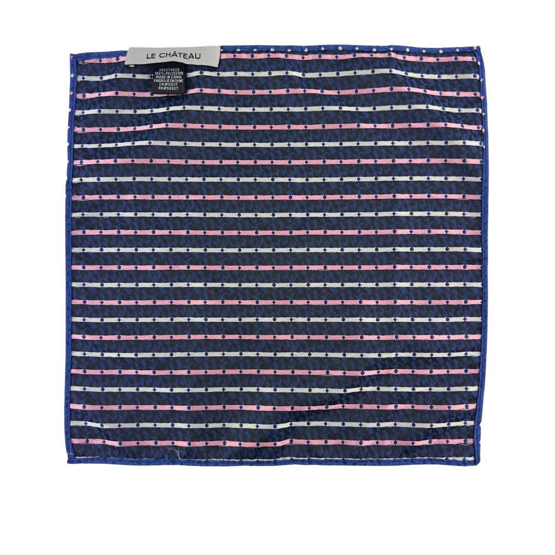 Blue Satin Pocket Square with Pink and White Stars and Circles