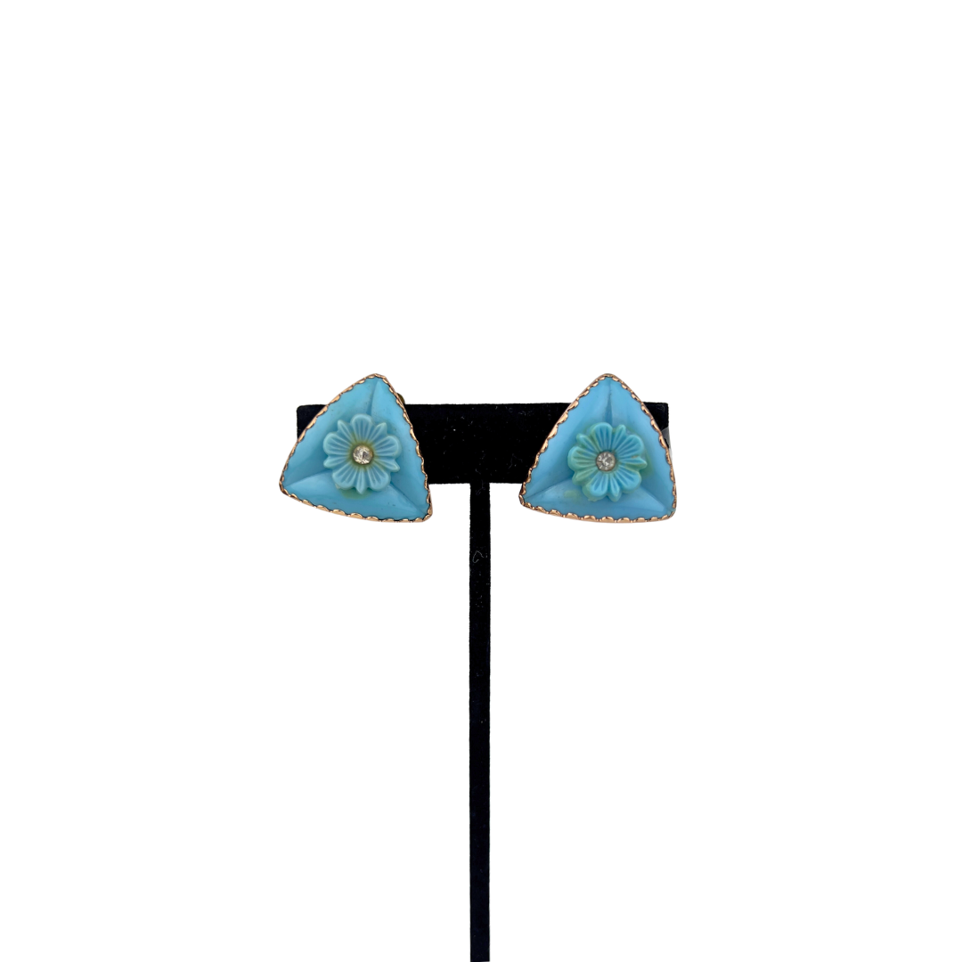 Blue Triangle Clip On Earrings with Flower Detail