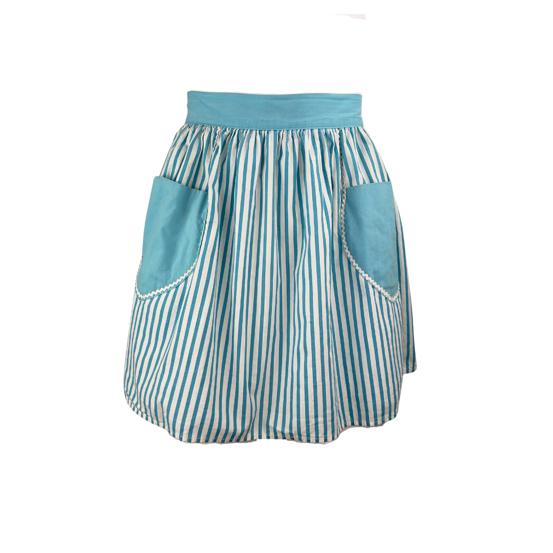 Blue and White Stripe Half Apron with Blue Pockets