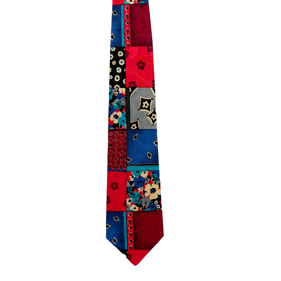 Blue, Grey and Red Pattern Blocked Tie