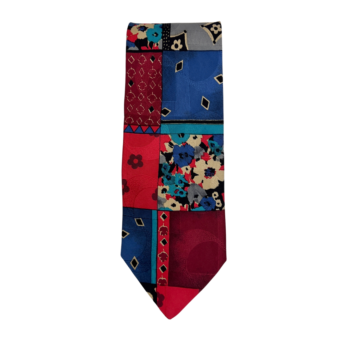Blue, Grey and Red Pattern Blocked Tie