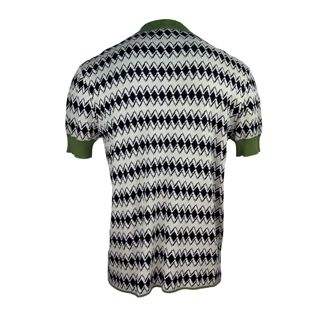 Bound Diamond Print Short Sleeve Knit Button Up