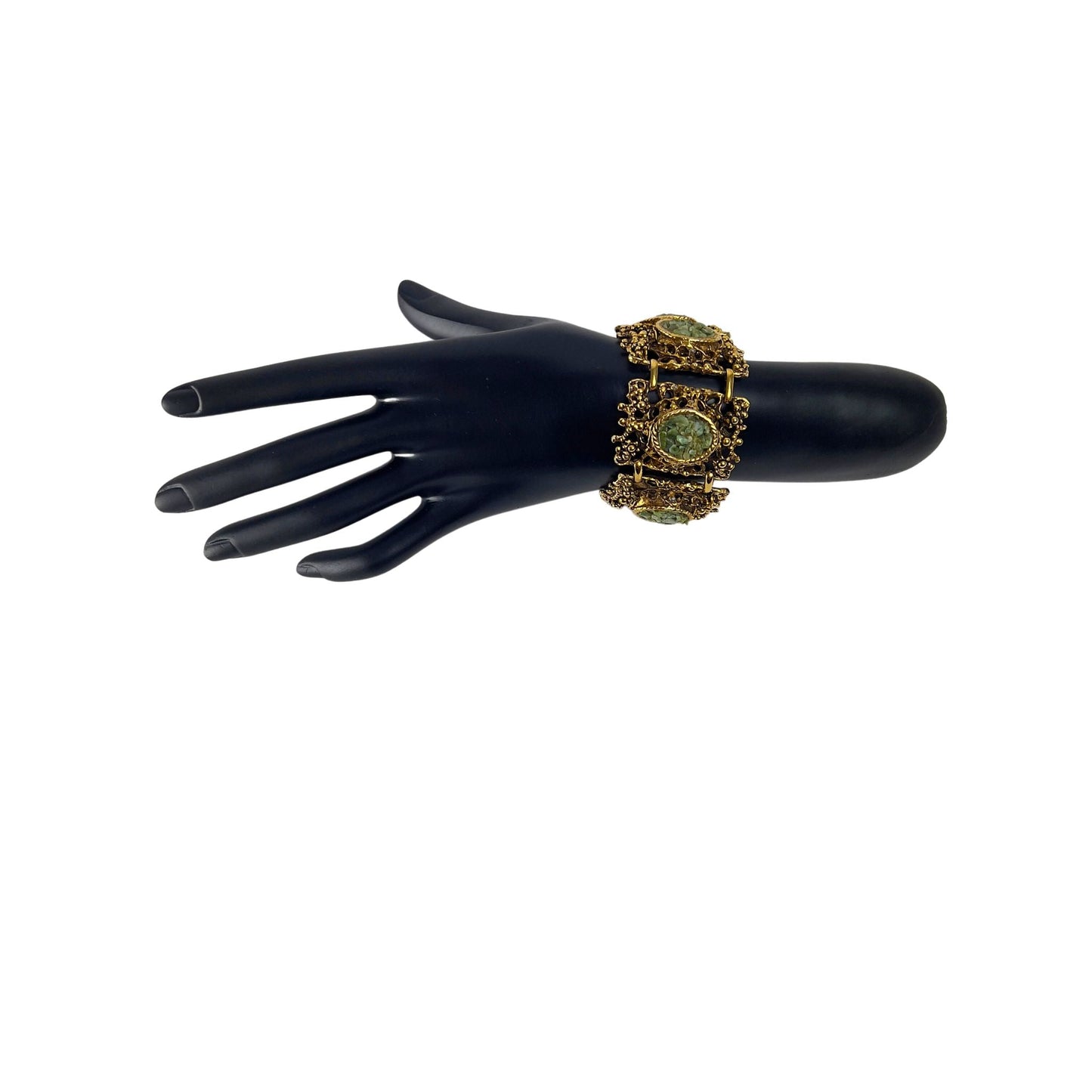 Very Ornate Gold Bracelet with Green Rock