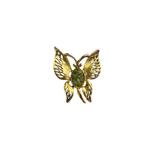 Gold Butterfly Brooch with Jade Center