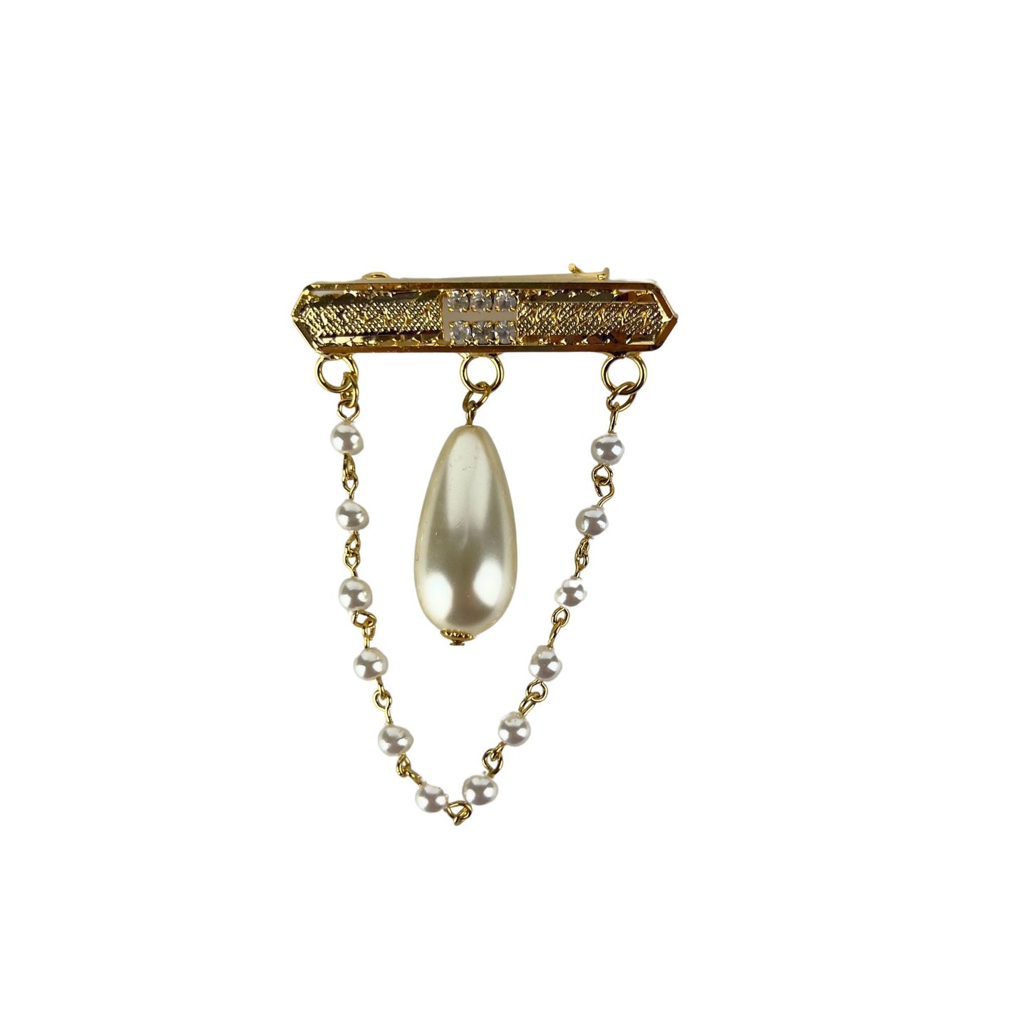 Gold Bar Brooch with Large Pearl and Chain