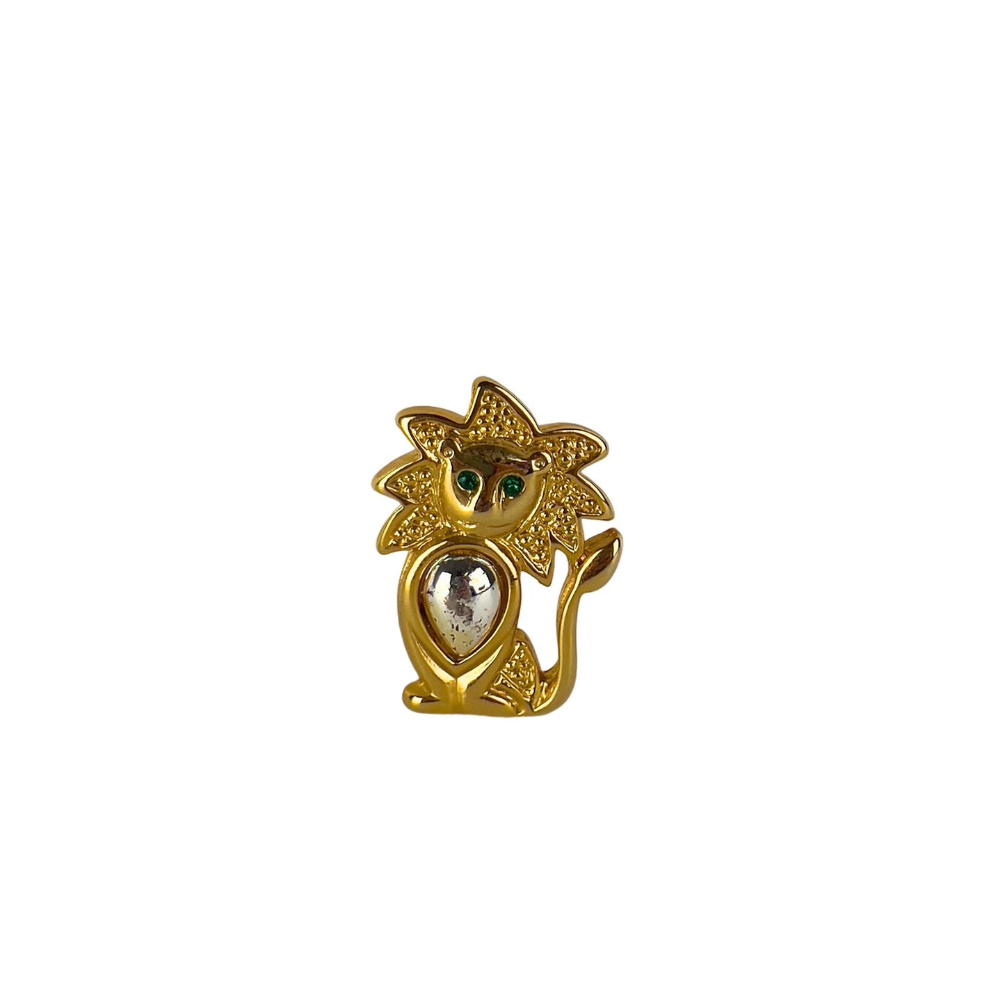 Tiny Gold Lion Brooch with Green Eye