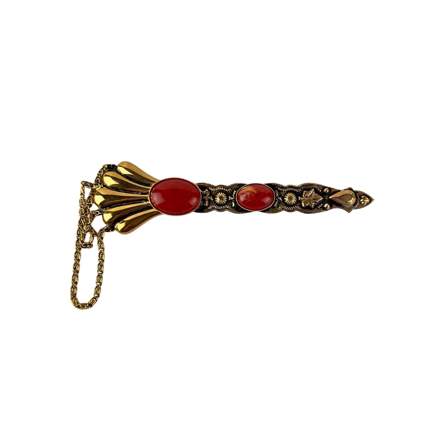 Vintage Ornate Long Pin Brooch with Orange Beads