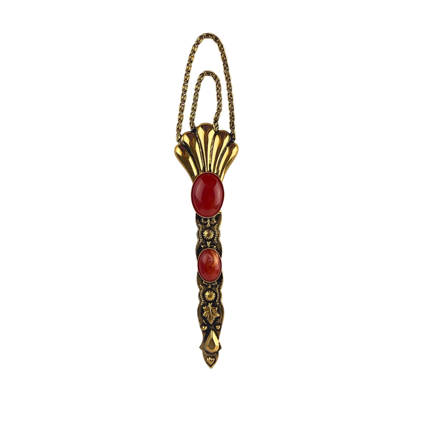 Vintage Ornate Long Pin Brooch with Orange Beads