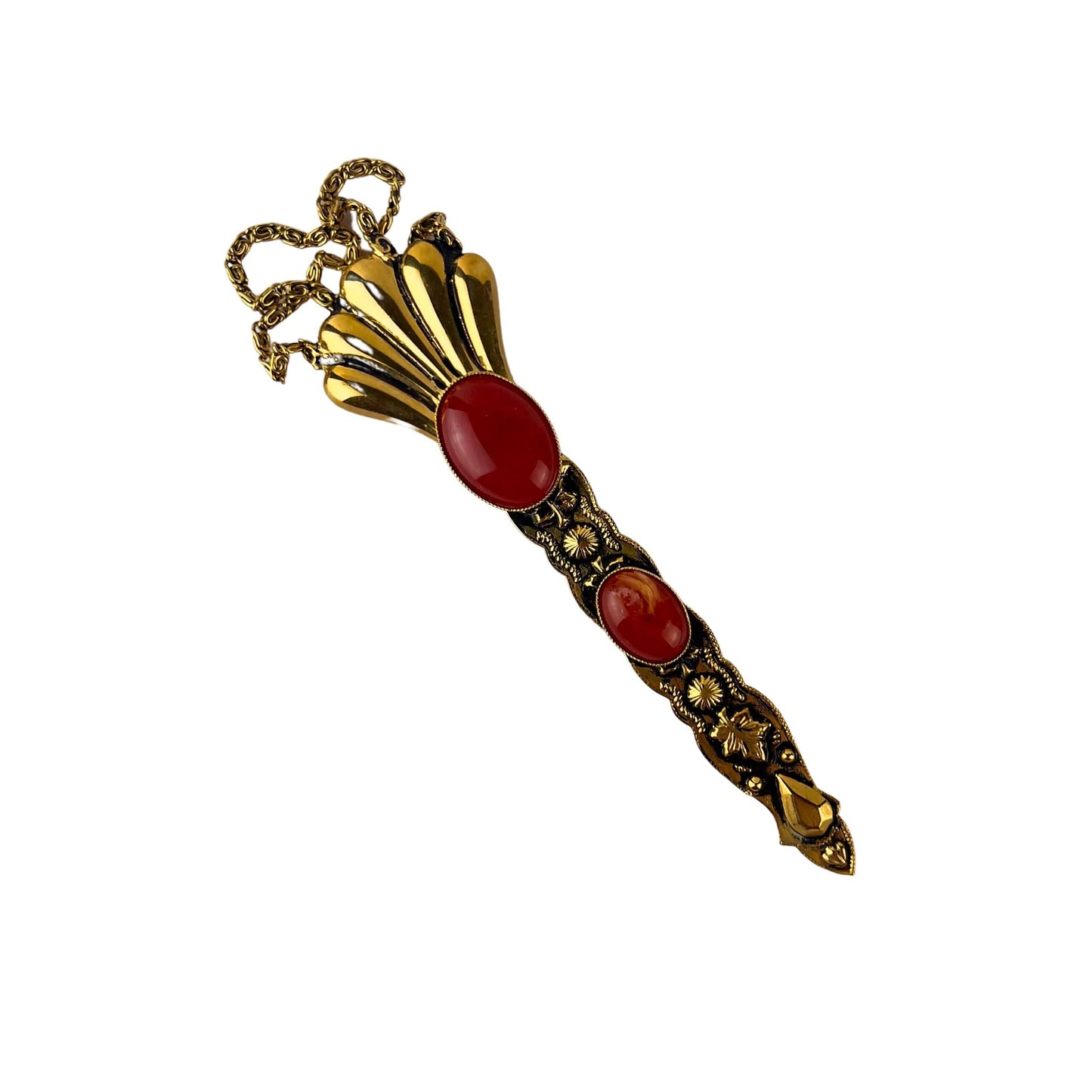 Vintage Ornate Long Pin Brooch with Orange Beads