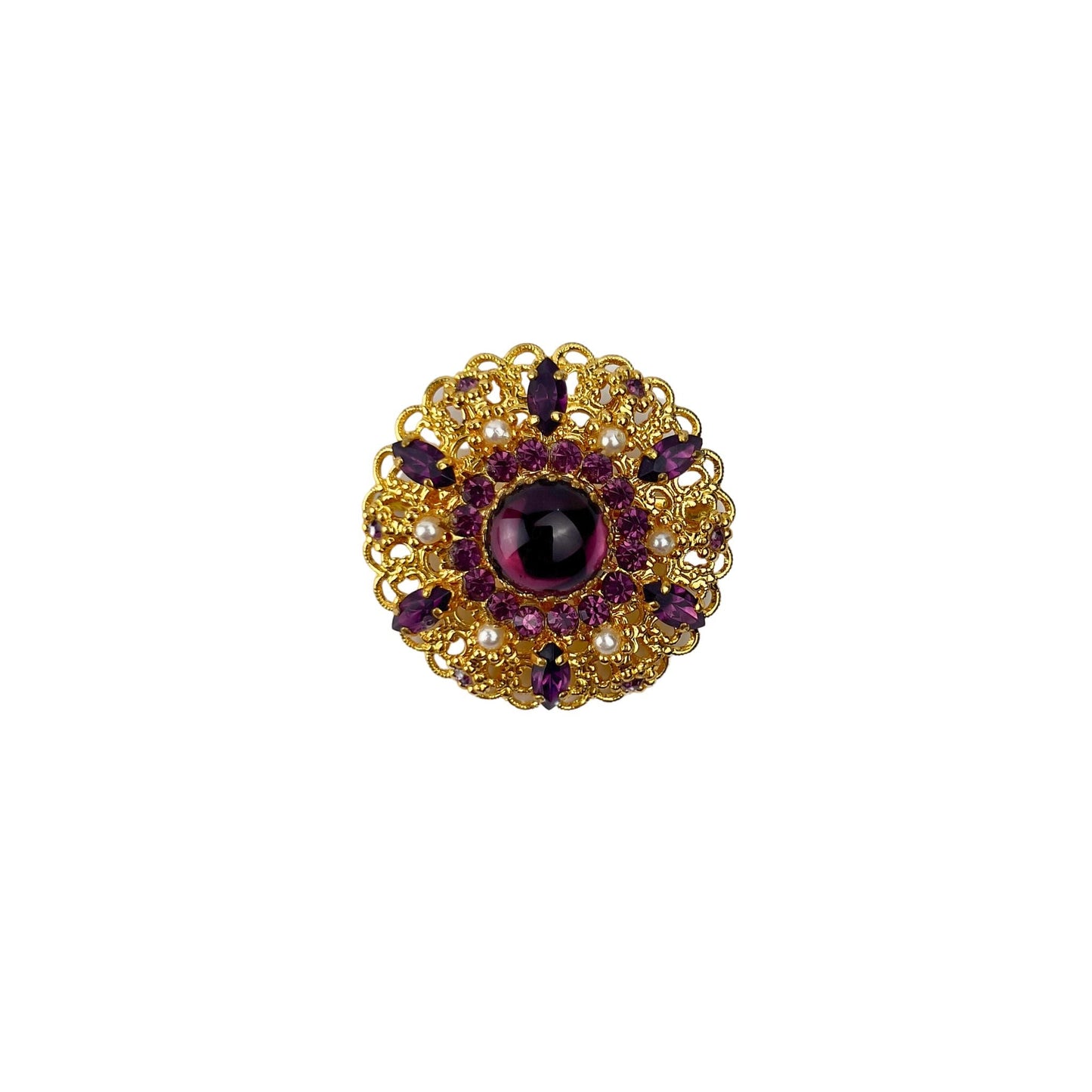 Circular Gold Brooch with Purple Beads and Pearls