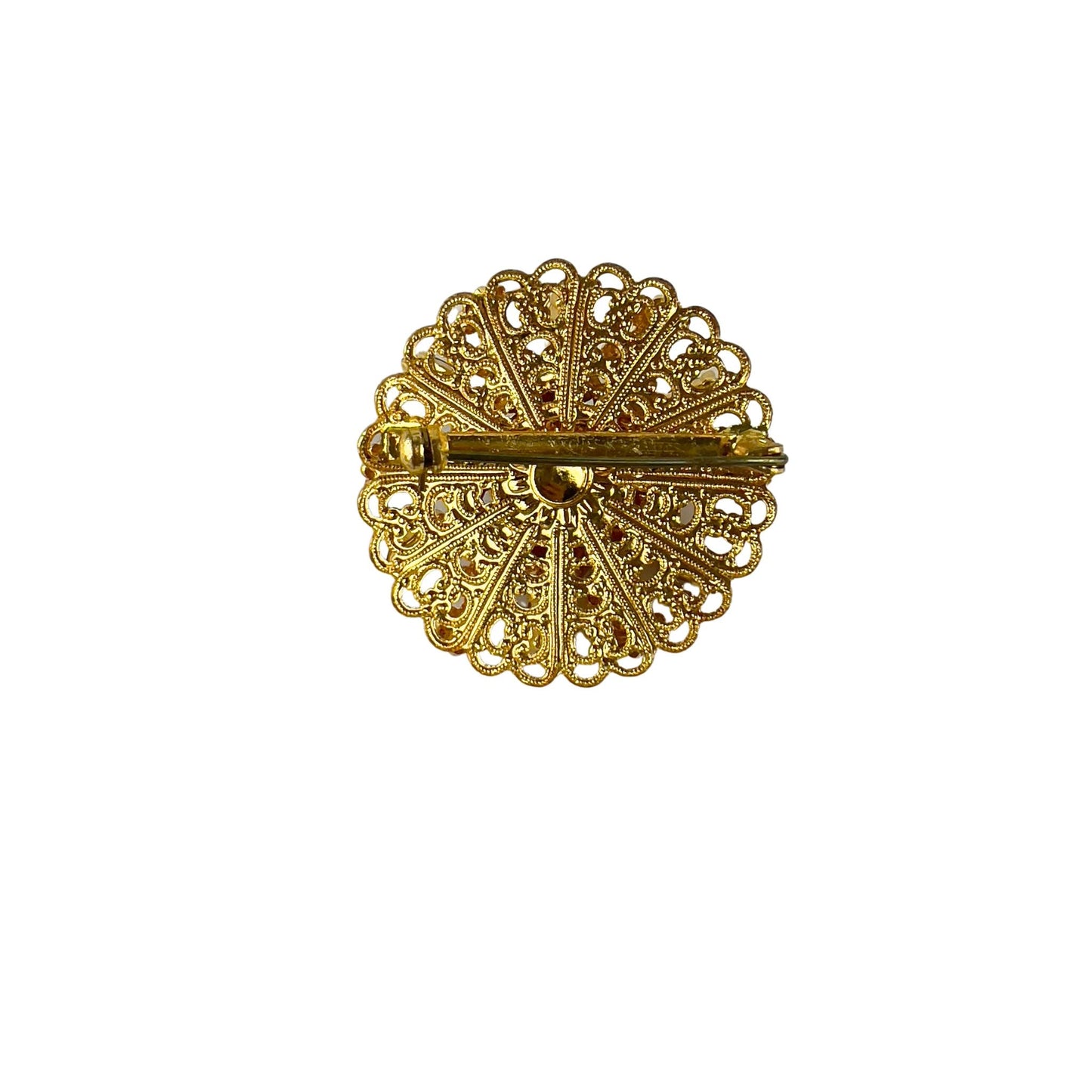 Circular Gold Brooch with Purple Beads and Pearls