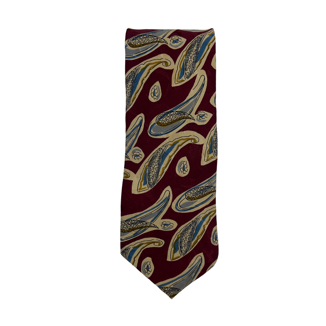 Vintage Burgundy Tie with Cream and Blue Sketch like Leaves