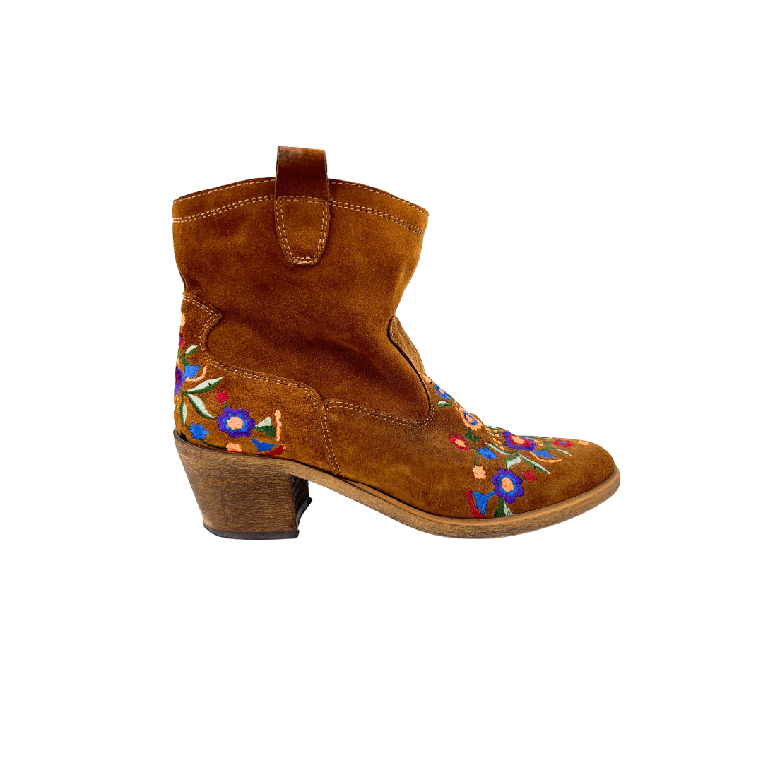 Brown Suede Ankle Boots with Floral Embroidery