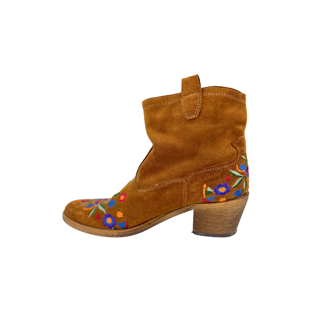 Brown Suede Ankle Boots with Floral Embroidery