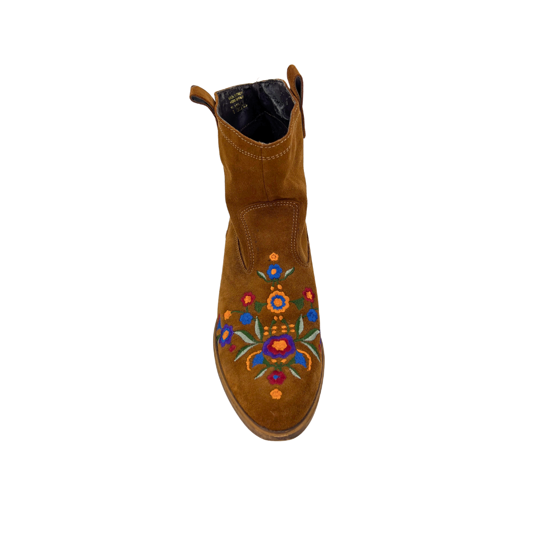 Brown Suede Ankle Boots with Floral Embroidery