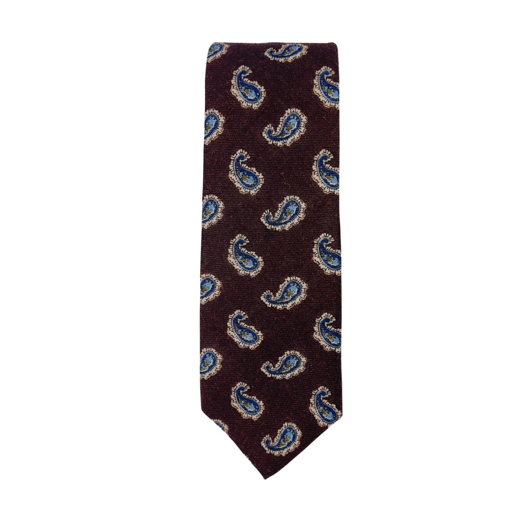 Brown Wool Tie with Blue Paisley Print