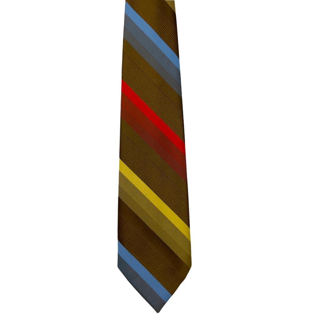 Christian Dior Brown Tie with Red, Yellow and Blue Stripe Tie