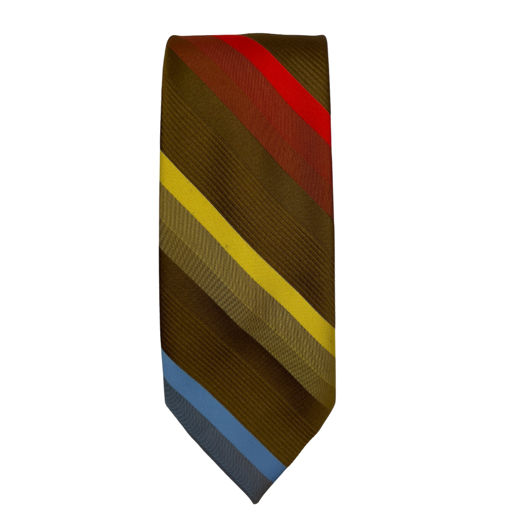 Christian Dior Brown Tie with Red, Yellow and Blue Stripe Tie