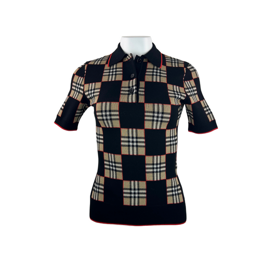 Burberry Patchwork Black Polo with Tartan Short Sleeve