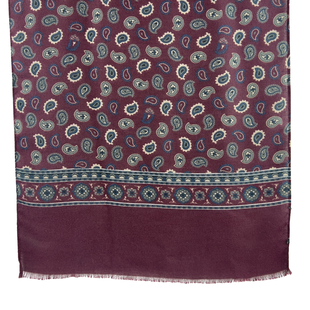 Burgundy Paisley Printed Scarf with Border on each Hem