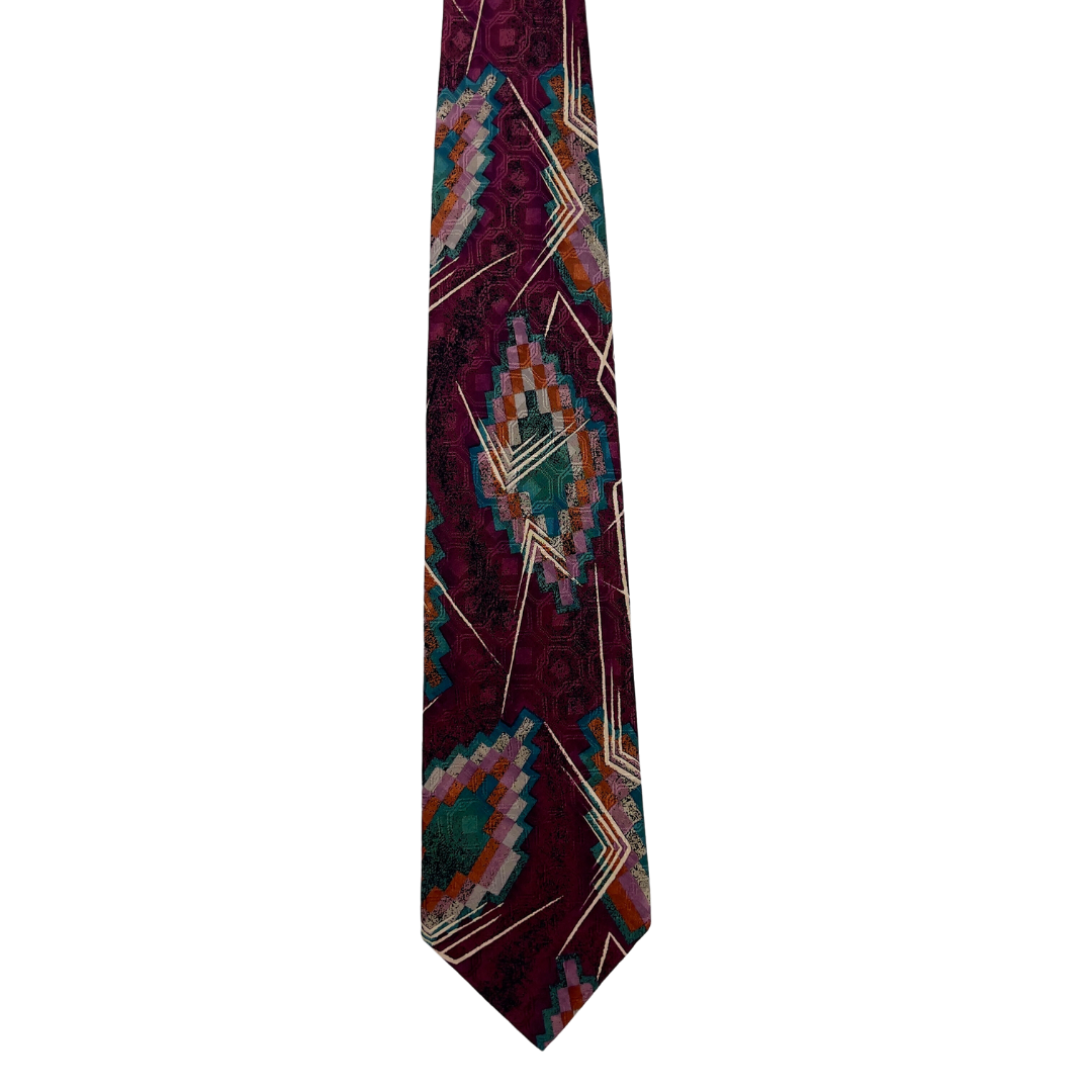 Burgundy Tie with Multi Color Pixelated Aztec Print
