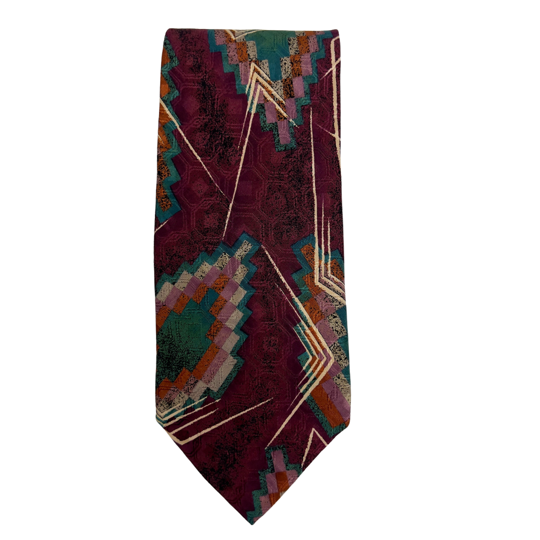 Burgundy Tie with Multi Color Pixelated Aztec Print