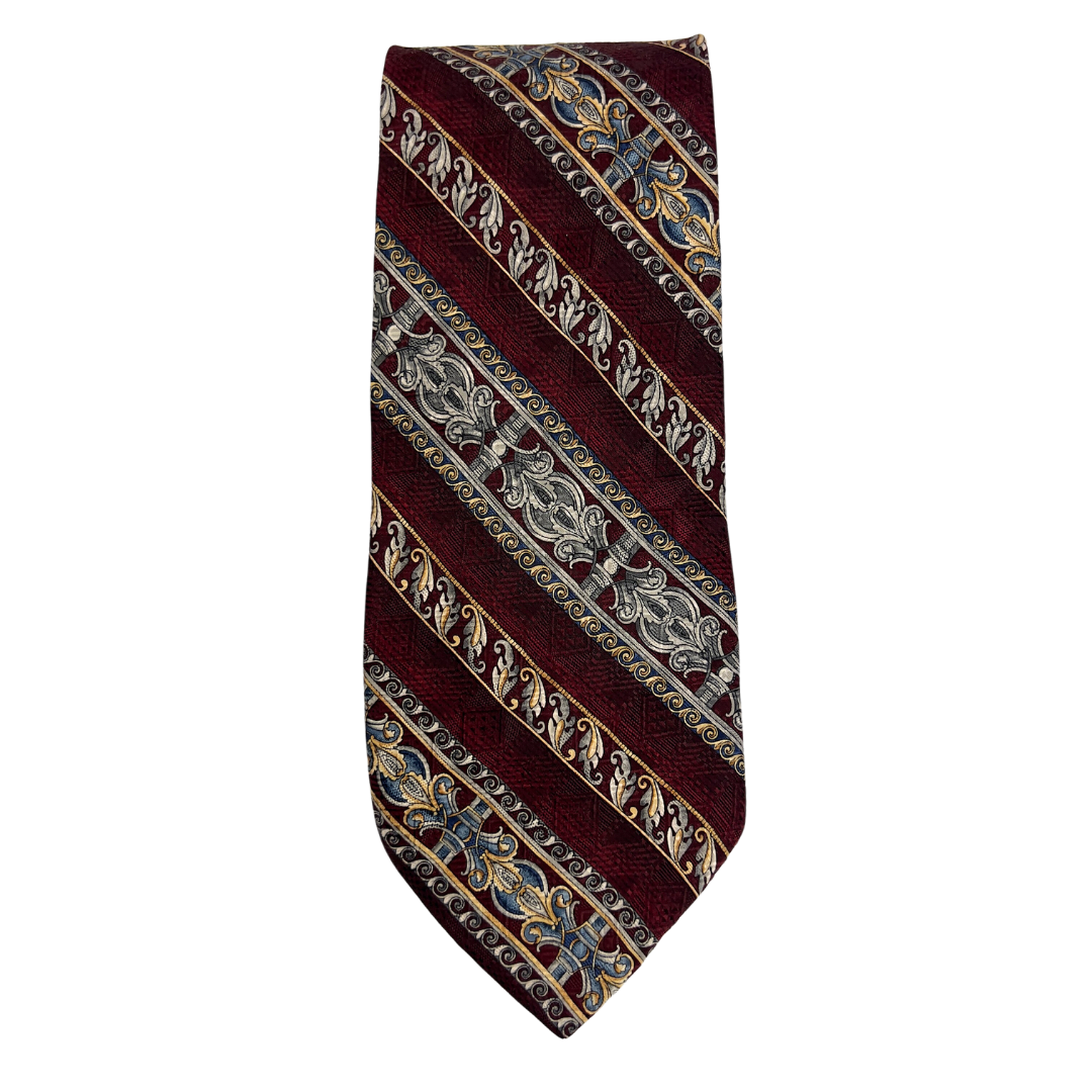 Christian Dior Burgundy Tie with Stripes of Silver and Gold Chain