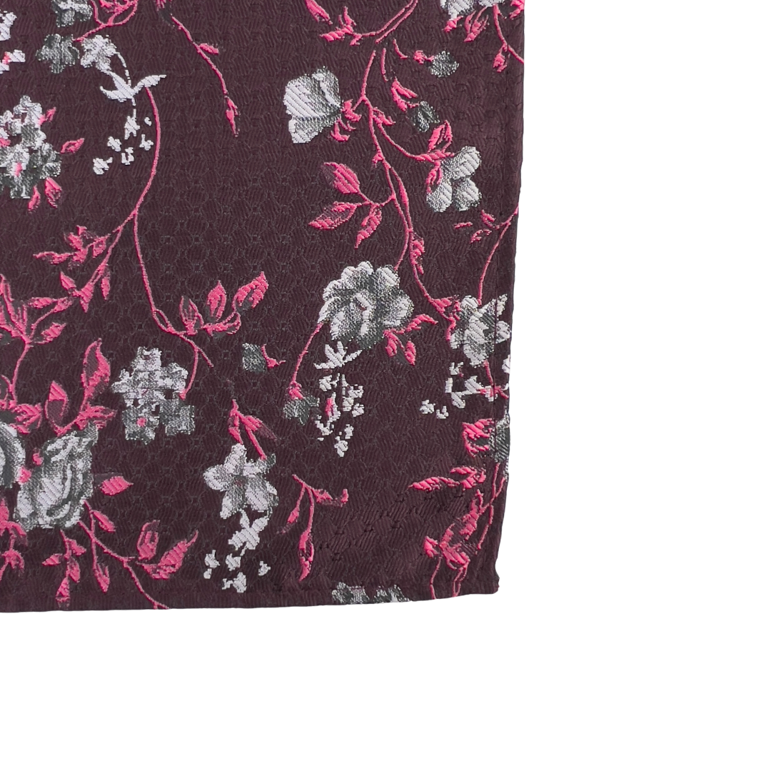 Burgundy Jacquard with Grey Rose Pocket Square