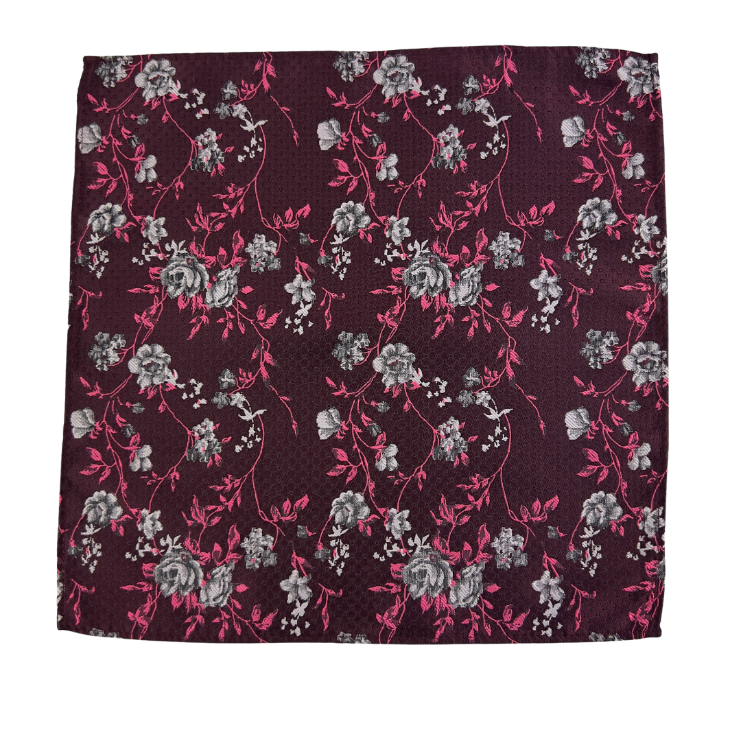 Burgundy Jacquard with Grey Rose Pocket Square