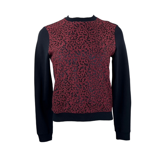 Carven Black Crewneck Sweater with Rust Lazer Cut Front