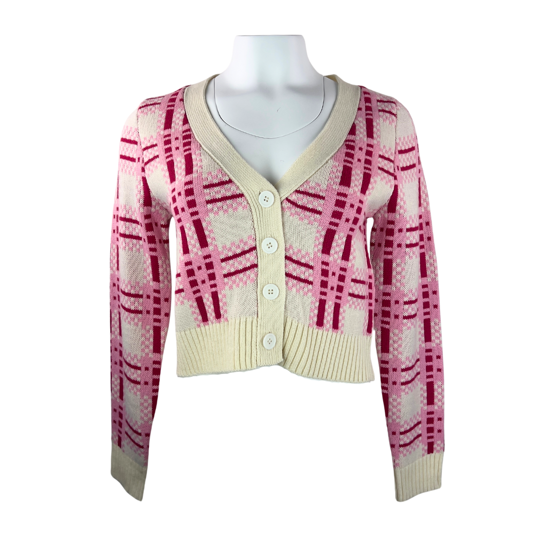 Central Park West Cream and Pink Plaid Cardigan