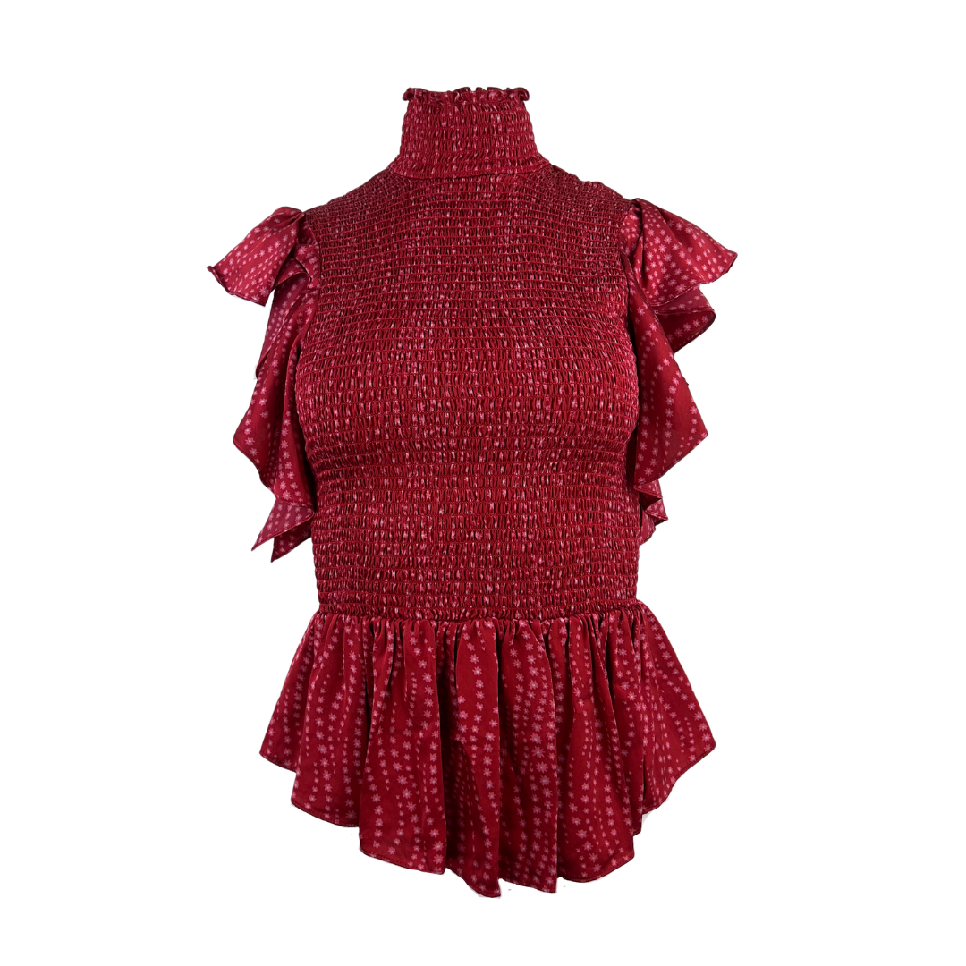 Cinq A Sept Smocked Sleeveless Turtleneck in Red