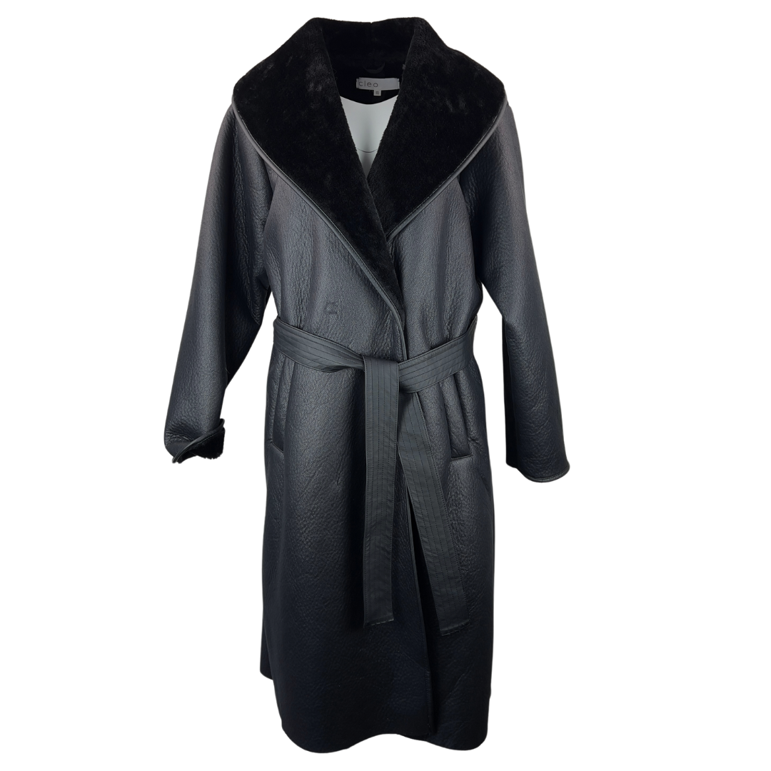 Cleo Faux Leather Wrap Coat with Velour Collar