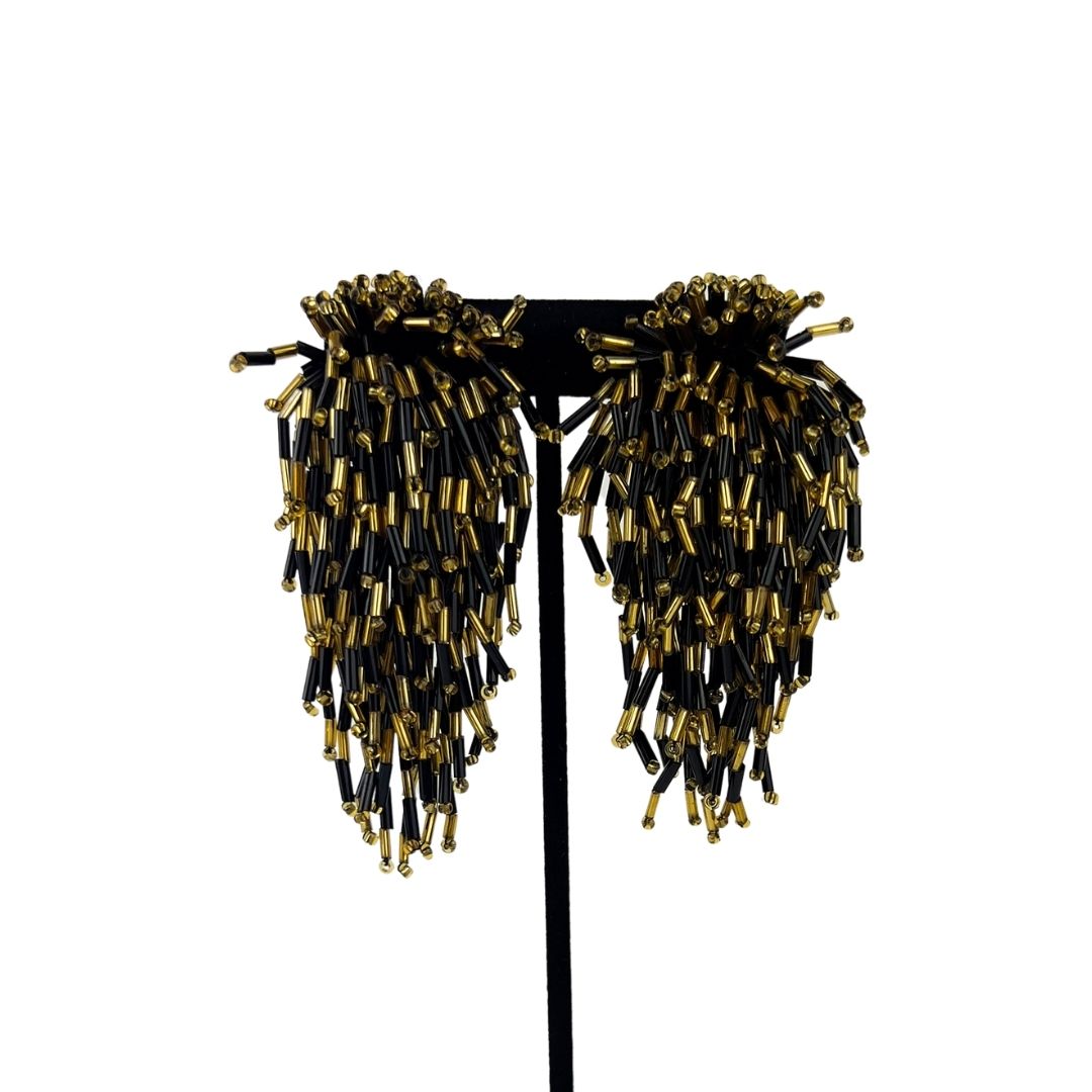 Large Black Gold Beaded Clip On Earrings