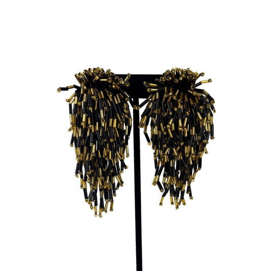 Large Black Gold Beaded Clip On Earrings