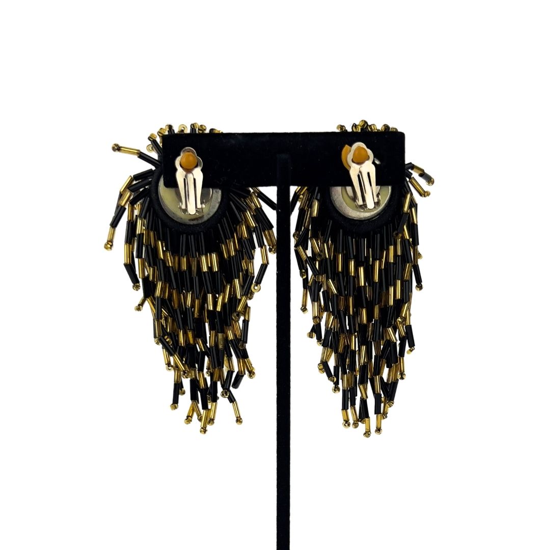 Large Black Gold Beaded Clip On Earrings