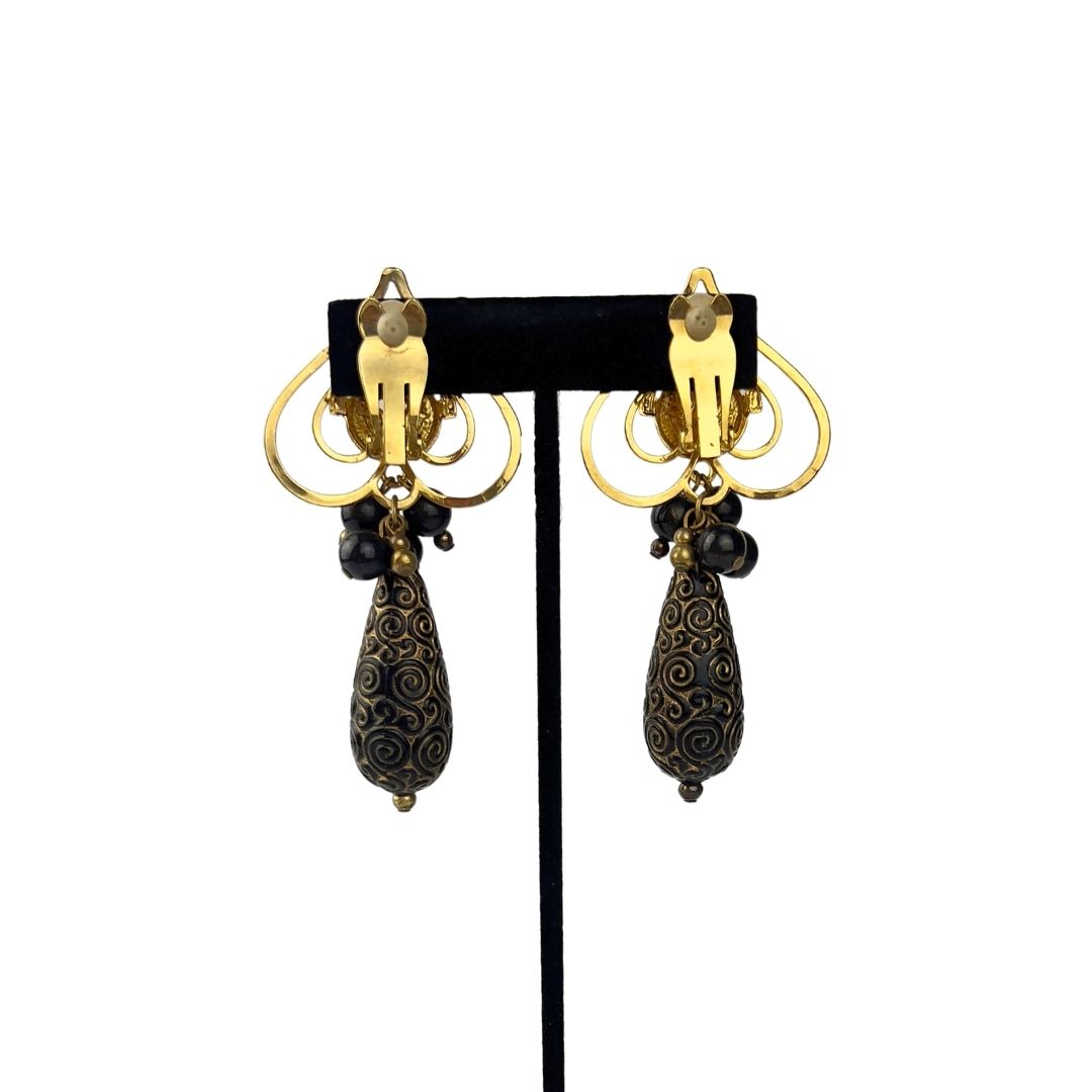 Gold Spade Clip On Earring with Bead Droplets