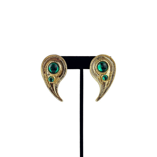 Gold Paisley Clip On Earring with Green Jewels