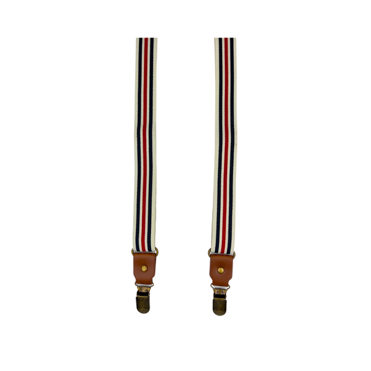 Cream Suspender with Red and Navy Suspenders with Brown Leather