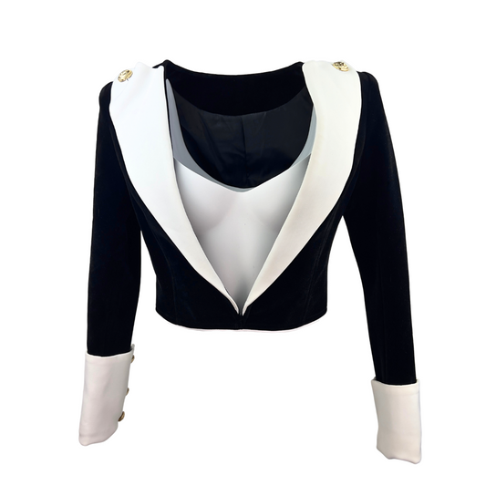 Black Cropped Blazer with Oversized White Lapel and Cuffs