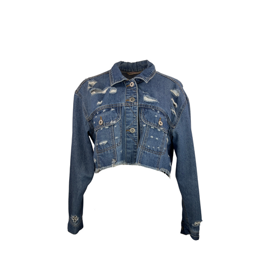 Cropped Loose Denim Jacket with Rips